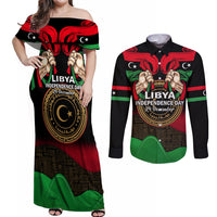Libya Independence Day Couples Matching Off Shoulder Maxi Dress and Long Sleeve Button Shirt Happy 24 December African Pattern Flag Style - Wonder Print Shop
