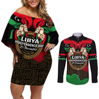 Libya Independence Day Couples Matching Off Shoulder Short Dress and Long Sleeve Button Shirt Happy 24 December African Pattern Flag Style - Wonder Print Shop