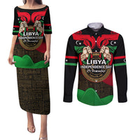 Libya Independence Day Couples Matching Puletasi Dress and Long Sleeve Button Shirt Happy 24 December African Pattern Flag Style - Wonder Print Shop
