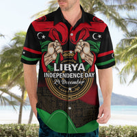 Black short-sleeve button-up Hawaiian shirt with front Libya graphic and flag colors.