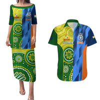 Cricket-themed puletasi dress with matching Hawaiian shirt, green yellow and blue.