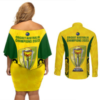Australia Cricket Couples Matching Off Shoulder Short Dress and Long Sleeve Button Shirt World Cup Go Champions 2023 Indigenous - Wonder Print Shop