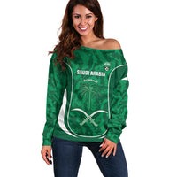 Custom Saudi Arabia Football Off Shoulder Sweater 2026 Come On Arabian Falcons - Wonder Print Shop