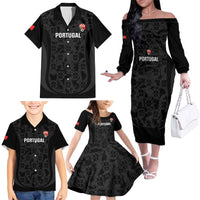 Custom Portugal Football Family Matching Off The Shoulder Long Sleeve Dress and Hawaiian Shirt 2026 Come On Selecao das Quinas - Black - Wonder Print Shop