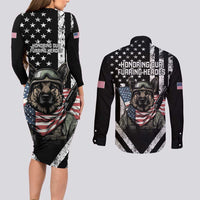 USA National K9 Veterans Day Couples Matching Long Sleeve Bodycon Dress and Long Sleeve Button Shirt Honoring Our Furring Heroes