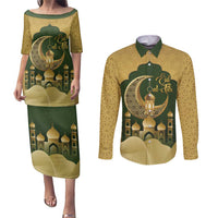 Eid al-Fitr Couples Matching Puletasi and Long Sleeve Button Shirt Khair Mubarak Islamic Pattern