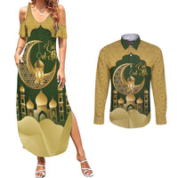 Eid al-Fitr Couples Matching Summer Maxi Dress and Long Sleeve Button Shirt Khair Mubarak Islamic Pattern