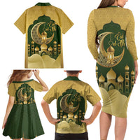 Eid al-Fitr Family Matching Long Sleeve Bodycon Dress and Hawaiian Shirt Khair Mubarak Islamic Pattern