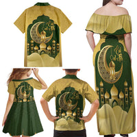 Eid al-Fitr Family Matching Off Shoulder Maxi Dress and Hawaiian Shirt Khair Mubarak Islamic Pattern
