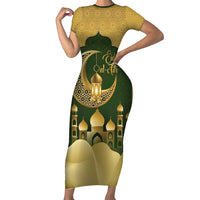Eid al-Fitr Family Matching Short Sleeve Bodycon Dress and Hawaiian Shirt Khair Mubarak Islamic Pattern