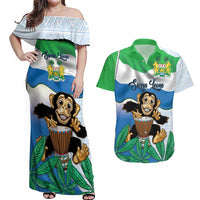 Personalised Sierra Leone Independence Day Couples Matching Off Shoulder Maxi Dress and Hawaiian Shirt Funny Chimpanzee With Drum