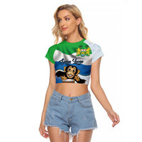 Personalised Sierra Leone Independence Day Raglan Cropped T Shirt Funny Chimpanzee With Drum