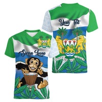 Personalised Sierra Leone Independence Day Women V-Neck T-Shirt Funny Chimpanzee With Drum