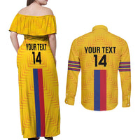 Custom Colombia Football Couples Matching Off Shoulder Maxi Dress and Long Sleeve Button Shirt Vamos Los Cafeteros