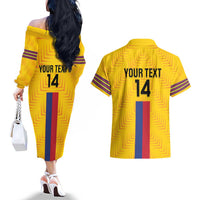 Custom Colombia Football Couples Matching Off The Shoulder Long Sleeve Dress and Hawaiian Shirt Vamos Los Cafeteros