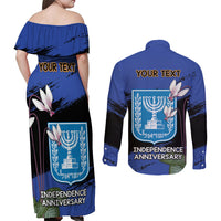 Personalised Israel Independence Day Couples Matching Off Shoulder Maxi Dress and Long Sleeve Button Shirt Menorah With Cyclamen Persicum Grunge - Wonder Print Shop