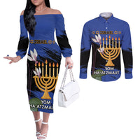 Personalised Israel Independence Day Couples Matching Off The Shoulder Long Sleeve Dress and Long Sleeve Button Shirt Menorah With Cyclamen Persicum Grunge