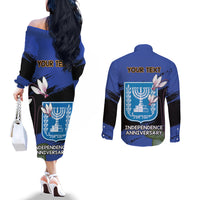 Personalised Israel Independence Day Couples Matching Off The Shoulder Long Sleeve Dress and Long Sleeve Button Shirt Menorah With Cyclamen Persicum Grunge