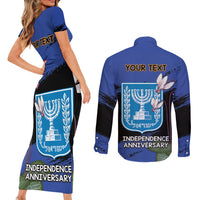 Personalised Israel Independence Day Couples Matching Short Sleeve Bodycon Dress and Long Sleeve Button Shirt Menorah With Cyclamen Persicum Grunge - Wonder Print Shop
