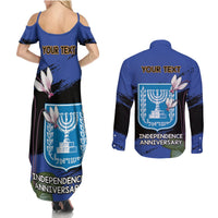 Personalised Israel Independence Day Couples Matching Summer Maxi Dress and Long Sleeve Button Shirt Menorah With Cyclamen Persicum Grunge - Wonder Print Shop
