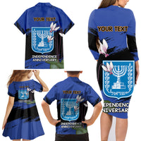 Personalised Israel Independence Day Family Matching Long Sleeve Bodycon Dress and Hawaiian Shirt Menorah With Cyclamen Persicum Grunge - Wonder Print Shop