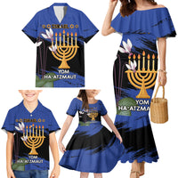 Personalised Israel Independence Day Family Matching Mermaid Dress and Hawaiian Shirt Menorah With Cyclamen Persicum Grunge - Wonder Print Shop