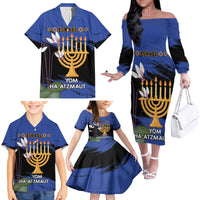 Personalised Israel Independence Day Family Matching Off The Shoulder Long Sleeve Dress and Hawaiian Shirt Menorah With Cyclamen Persicum Grunge - Wonder Print Shop