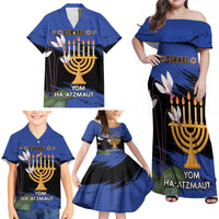 Personalised Israel Independence Day Family Matching Off Shoulder Maxi Dress and Hawaiian Shirt Menorah With Cyclamen Persicum Grunge - Wonder Print Shop