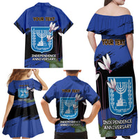 Personalised Israel Independence Day Family Matching Off Shoulder Maxi Dress and Hawaiian Shirt Menorah With Cyclamen Persicum Grunge - Wonder Print Shop
