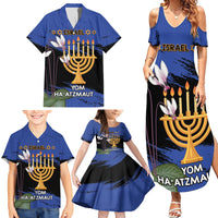 Personalised Israel Independence Day Family Matching Summer Maxi Dress and Hawaiian Shirt Menorah With Cyclamen Persicum Grunge - Wonder Print Shop