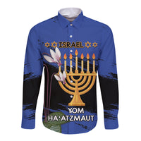 Personalised Israel Independence Day Long Sleeve Button Shirt Menorah With Cyclamen Persicum Grunge - Wonder Print Shop
