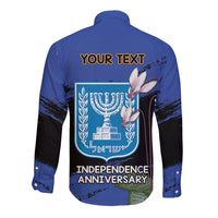 Personalised Israel Independence Day Long Sleeve Button Shirt Menorah With Cyclamen Persicum Grunge - Wonder Print Shop