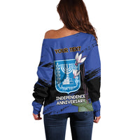 Personalised Israel Independence Day Off Shoulder Sweater Menorah With Cyclamen Persicum Grunge - Wonder Print Shop