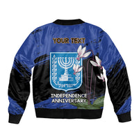 Personalised Israel Independence Day Sleeve Zip Bomber Jacket Menorah With Cyclamen Persicum Grunge - Wonder Print Shop