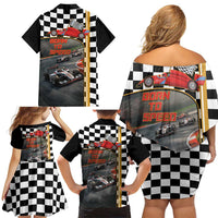 Racing Car 2025 Family Matching Off Shoulder Short Dress and Hawaiian Shirt Born To Speed