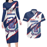 Custom Dominican Republic Football Couples Matching Long Sleeve Bodycon Dress and Hawaiian Shirt Los Quisqueyanos Crack Style