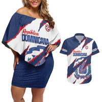 Custom Dominican Republic Football Couples Matching Off Shoulder Short Dress and Hawaiian Shirt Los Quisqueyanos Crack Style
