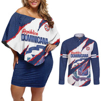 Custom Dominican Republic Football Couples Matching Off Shoulder Short Dress and Long Sleeve Button Shirt Los Quisqueyanos Crack Style