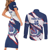 Custom Dominican Republic Football Couples Matching Short Sleeve Bodycon Dress and Long Sleeve Button Shirt Los Quisqueyanos Crack Style