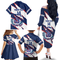 Custom Dominican Republic Football Family Matching Off The Shoulder Long Sleeve Dress and Hawaiian Shirt Los Quisqueyanos Crack Style