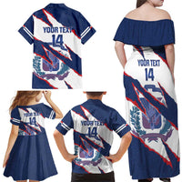 Custom Dominican Republic Football Family Matching Off Shoulder Maxi Dress and Hawaiian Shirt Los Quisqueyanos Crack Style