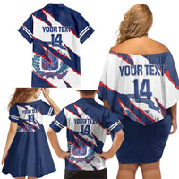 Custom Dominican Republic Football Family Matching Off Shoulder Short Dress and Hawaiian Shirt Los Quisqueyanos Crack Style