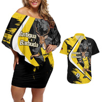 Custom Antigua and Barbuda Football Couples Matching Off Shoulder Short Dress and Hawaiian Shirt Go Benna Boys Sporty Deer Mascot