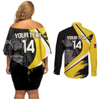 Custom Antigua and Barbuda Football Couples Matching Off Shoulder Short Dress and Long Sleeve Button Shirt Go Benna Boys Sporty Deer Mascot