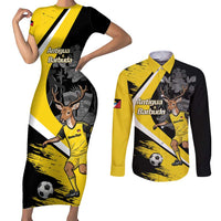 Custom Antigua and Barbuda Football Couples Matching Short Sleeve Bodycon Dress and Long Sleeve Button Shirt Go Benna Boys Sporty Deer Mascot