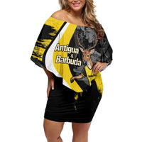 Custom Antigua and Barbuda Football Family Matching Off Shoulder Short Dress and Hawaiian Shirt Go Benna Boys Sporty Deer Mascot