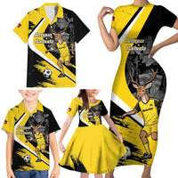 Custom Antigua and Barbuda Football Family Matching Short Sleeve Bodycon Dress and Hawaiian Shirt Go Benna Boys Sporty Deer Mascot