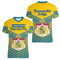 Sweden Women V Neck T Shirt Swedish Independence Day Scandinavia Pattern - Wonder Print Shop