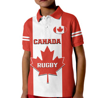 Kids red rugby polo shirt with white front panel, Canada text, maple leaf graphic