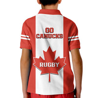 Kids red rugby polo shirt, white back panel with Go Canucks and maple leaf Rugby